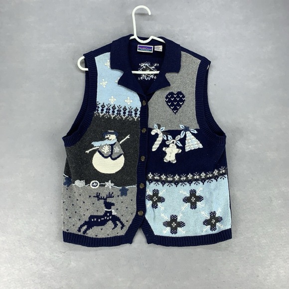Northcrest Sweaters - VTG Northcrest Sweater Cardigan Vest Women's Large 14-16 Blue Knit Winter Scene